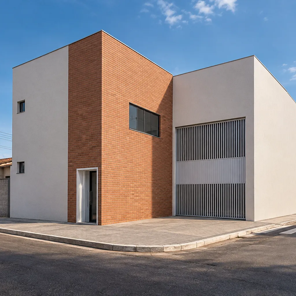 Edificação industrial com portão amplo e fachada em alvenaria clara e tijolos.