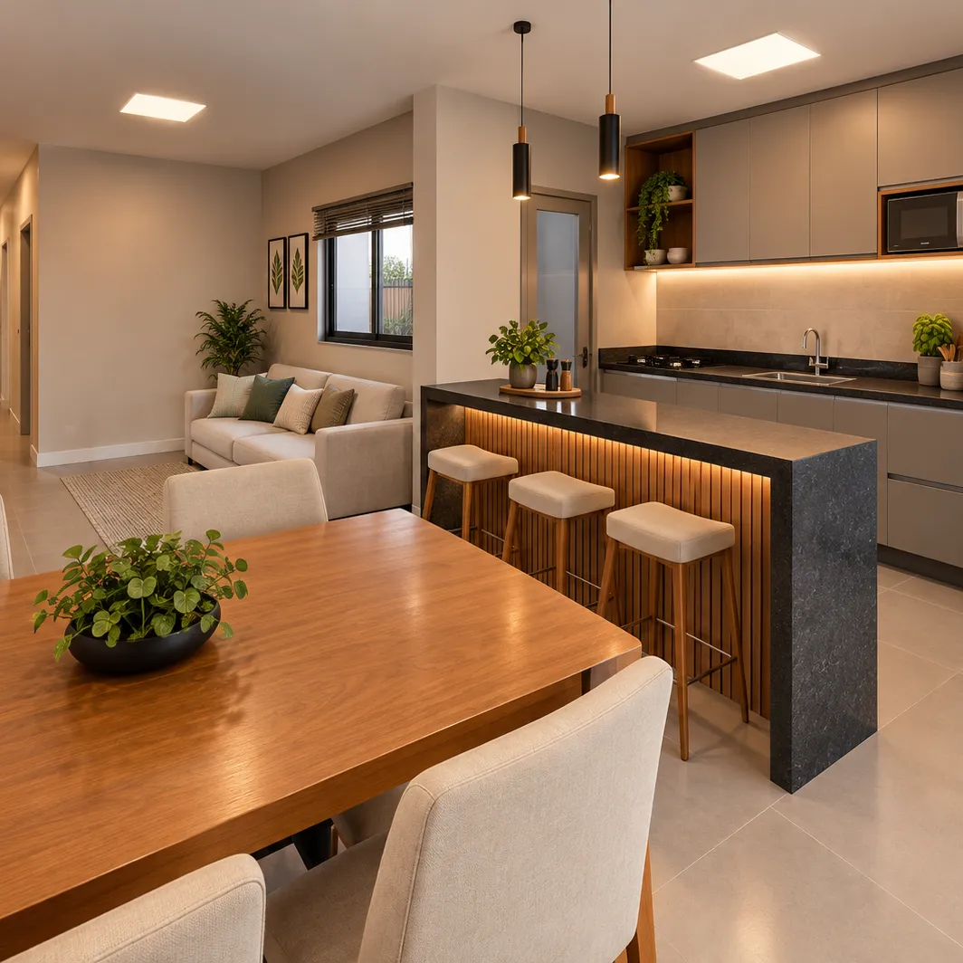 Ambiente residencial com cozinha e sala de estar integradas.