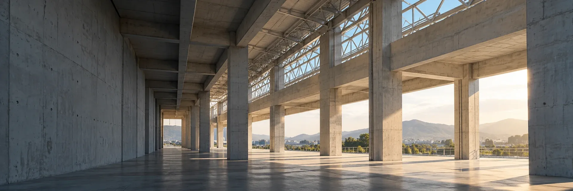 Estrutura de concreto e aço com luz natural entre pilares e vigas.